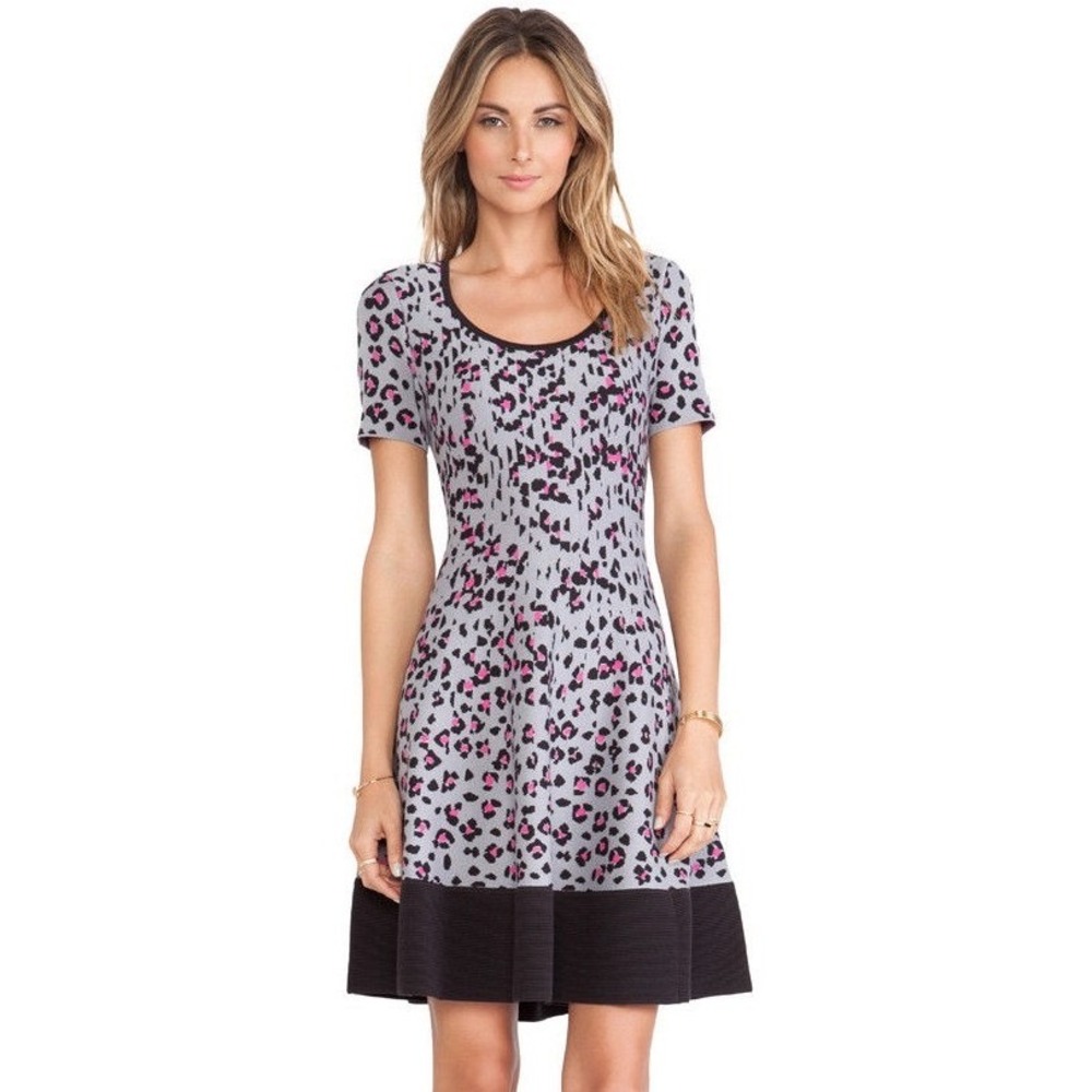 Kate Spade New York Cyber Cheetah Print Fit & Flare Knit Dress Gray Pink Black L